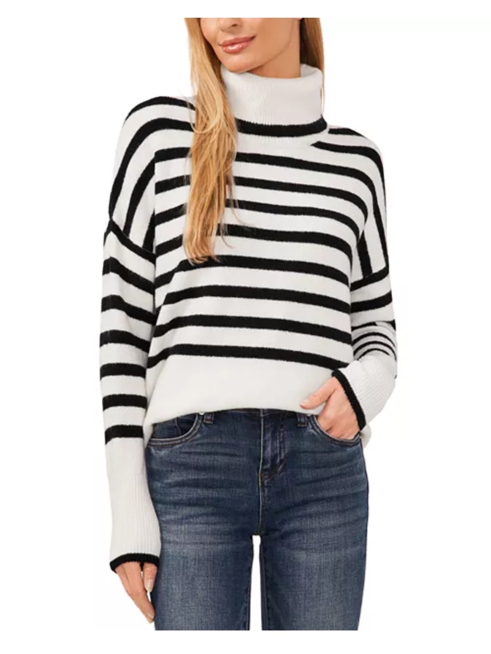 Cece Turtleneck Black and Cream Striped Women's Sweater